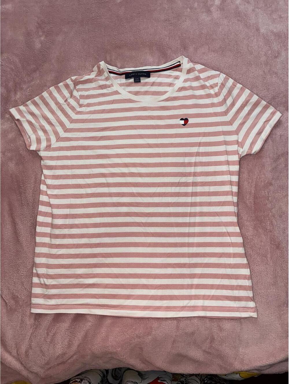 Tommy Hilfiger Pink White Striped Embroidered Heart Logo T-Shirt Large L